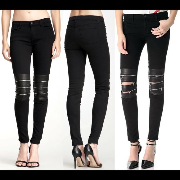 JBRAND NWT BLACK HEWSON REAL LEATHER ZIP KNEE HIGH WAIST JEANS SIZE 30